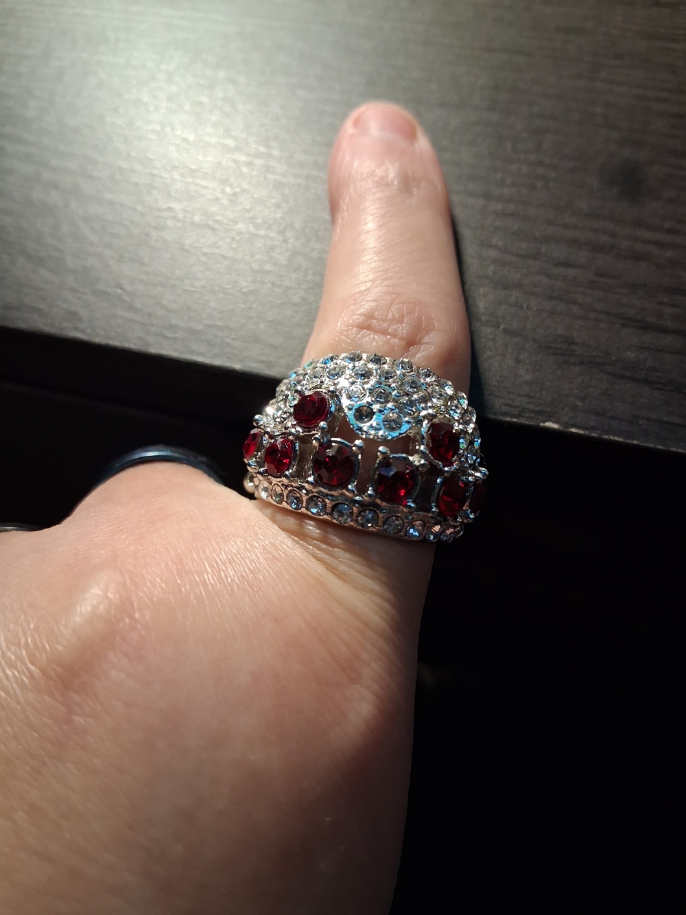 Source Unknown Silver Dome Ring with Red and Clear Stones